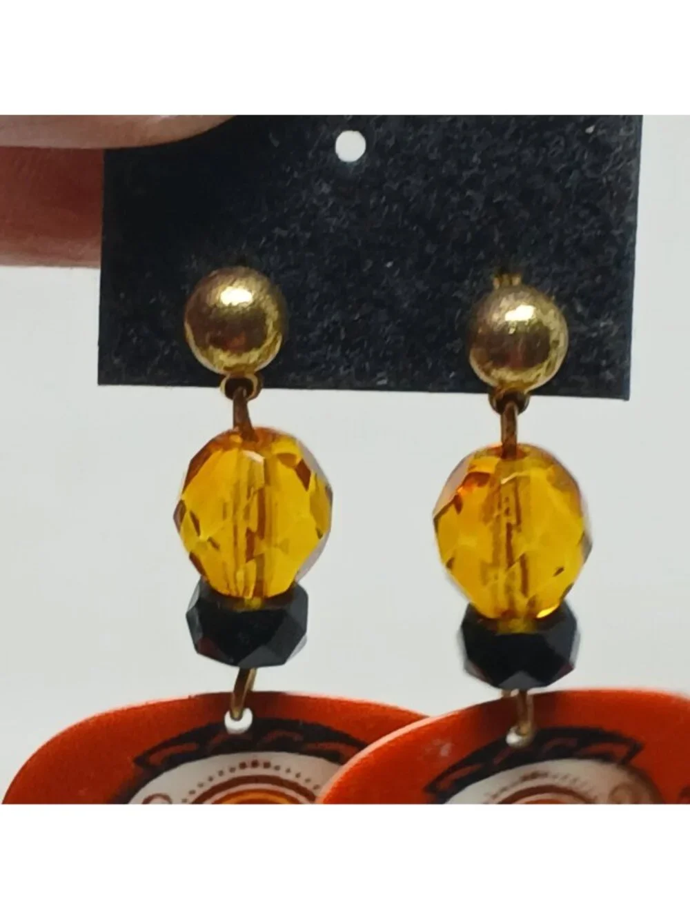 Sugar Skull Guitar Pick Earrings Dangle W/ Beads Halloween Orange Artisan #J-G
